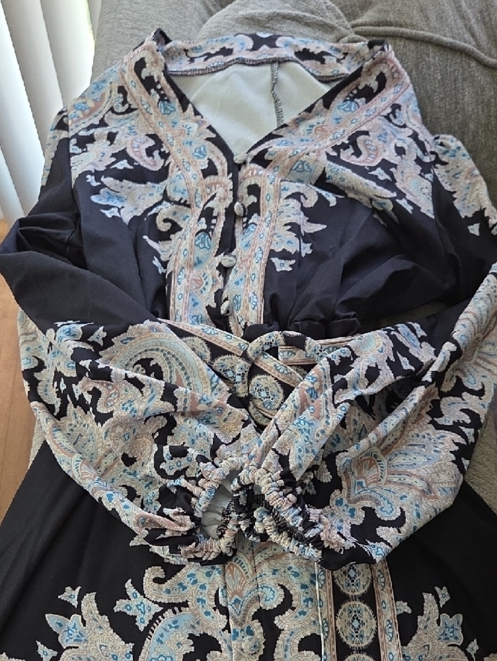 Black Paisley-Print V-Neck Boho Dress with Belt - Picture 3 of 7
